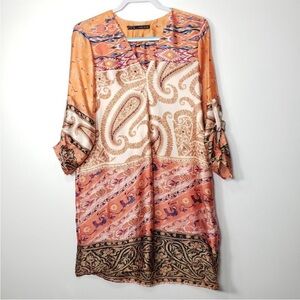 Zara Basic Dress Large L Boho Mini Paisley Print Floral Print Roll Tab Sleeves